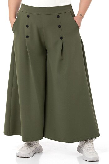 DISENTIS MODEST Plus Size Button Detailed Wide Leg Zippered Khaki Trousers