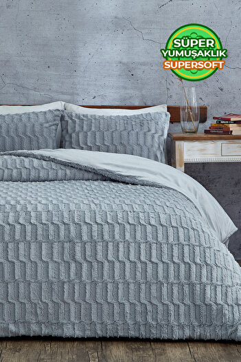 Evlen Home Collection Double (Sided) Personality Fur Quilt Sleeping Set Soft Filled Wellsoft 3 Piece Lydia Bedspread Gray