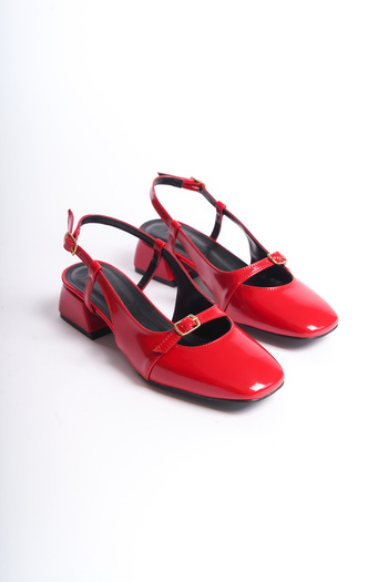 SEEM & BE Lola Blunt Toe Belt Detailed Square Heeled Red Patent Leather Mary Jane Shoes