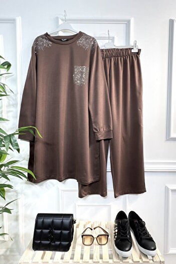 Aşkı Endam Large Size Esved Stone Detailed Combed Cotton Double Set - Brown