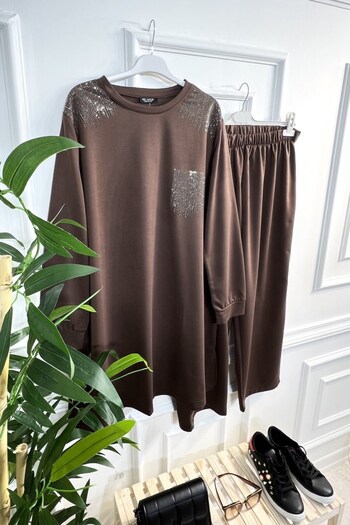 Aşkı Endam Large Size Esved Stone Detailed Combed Cotton Double Set - Brown