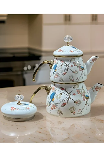 PORLİSMA Double Lid Enamel Teapot Set, Colorful Enamel Teapot Set