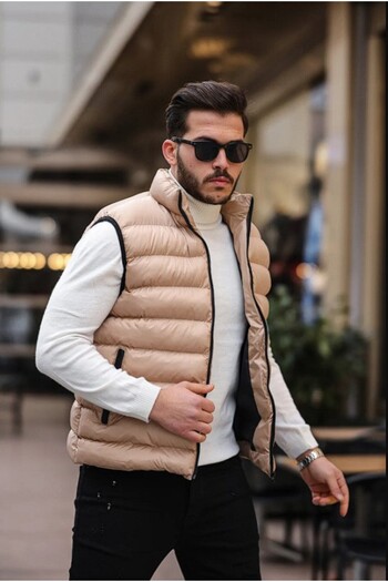ENDEİS COLLECTİON Αμάνικο γιλέκο New Season Μπεζ φουσκωτό με γεμιστό γιακά με τσέπες με φερμουάρ