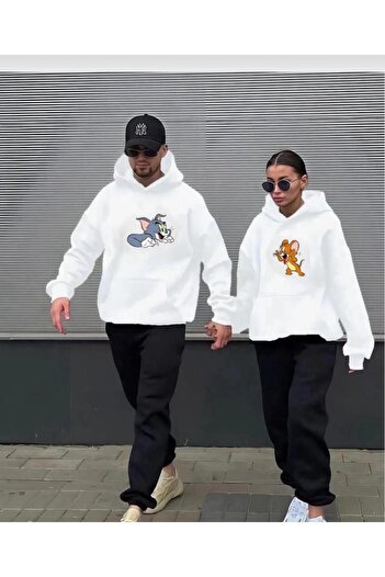 PERISENSE Unisex Γυναικείες Ανδρικές φόρμες Lover Couple με στάμπα Tom and Jerry με κουκούλα στο κάτω μέρος