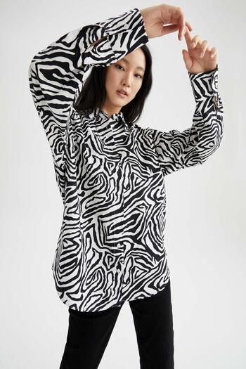 DeFacto Oversize Fit Zebra Patterned Long Sleeve Poplin 100% Cotton Shirt W7702az22sm