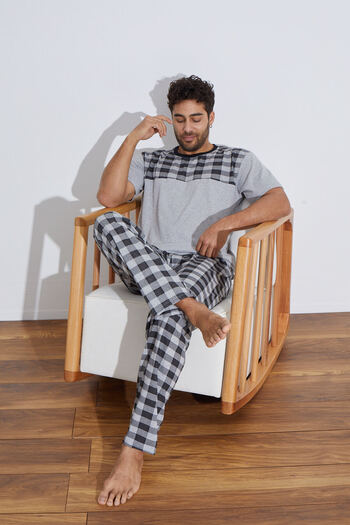 Ayans Pijama Σετ πιτζάμες καρό χτενισμένο βαμβακερό μονό φανελάκι (Καλοκαίρι).