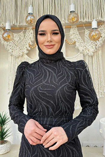 Bym Fashion Dal Desenli Simli Tül Abiye Elbise 1140 Siyah
