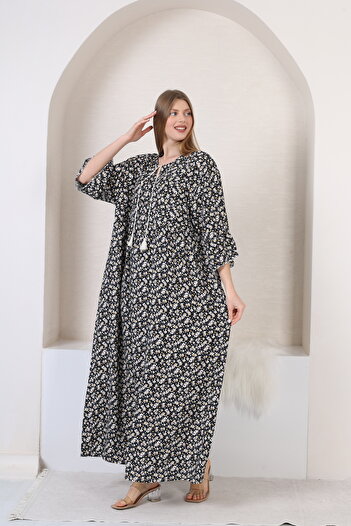 mervemoda Women's large size three quarter sleeve long woven dress