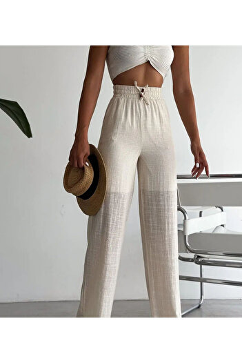 GÜNTAY Women's Lace-Up Lined Flared Cotton Palazzo Trousers