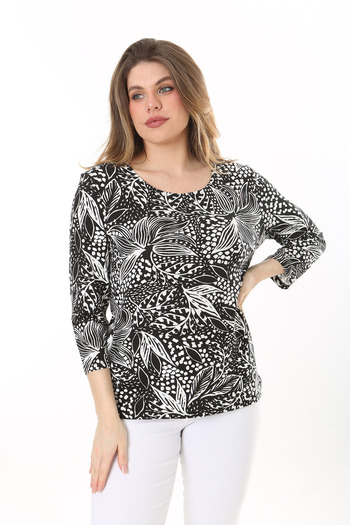 Şans Women's Plus Size Black Crew Neck Long Sleeve Blouse 65N37585