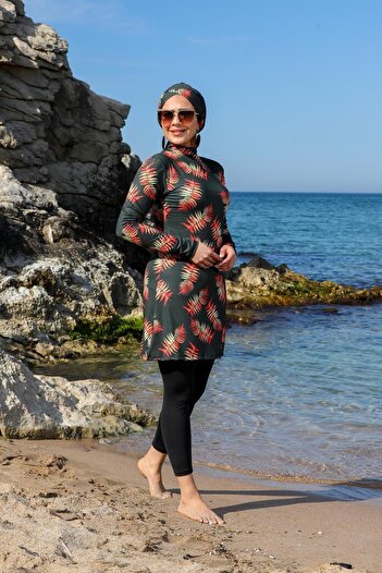 SEBOTEKS Leaf Pattern Design Closed Hijab Swimsuit with Tights 2264