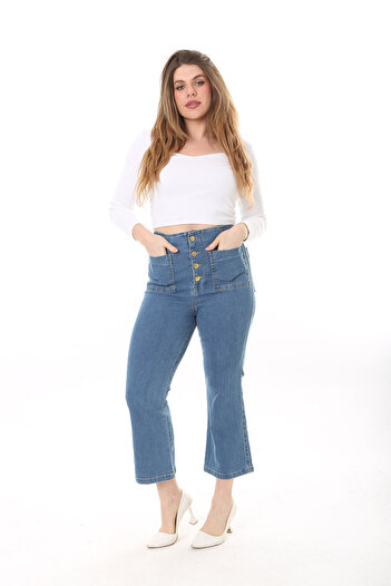 Şans Women's Large Size Blue Metal Buttoned Front and Back 4 Pocket Jeans 65N37598