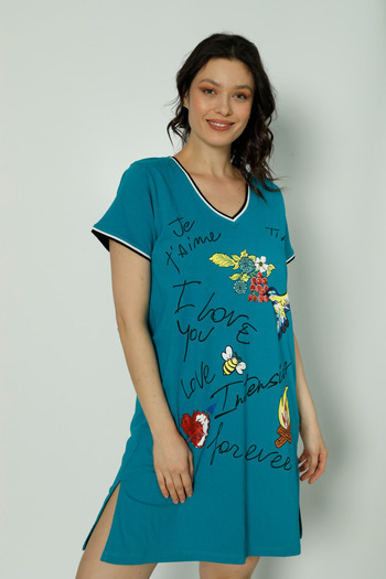 İntensive women's blue printed stripe detailed short-sleeved tunic