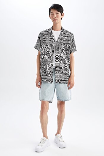 DeFacto Regular Fit Apache Collar Printed Viscose Short Sleeve Cotton Shirt Y8928az22hs
