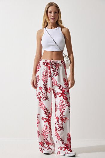Happiness İstanbul White Pink Patterned Viscose Palazzo Women's Trousers - EN00606