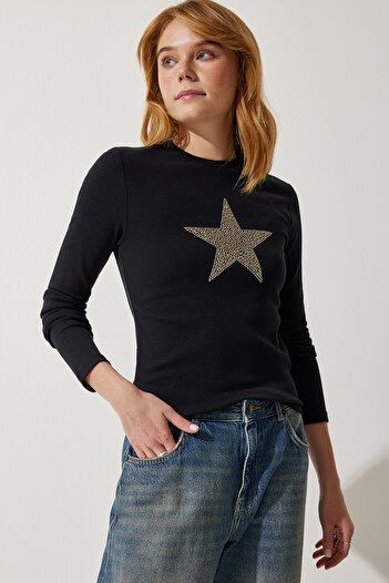 Happiness İstanbul Schwarze Strickbluse mit Stern-Aufdruck für Damen UB00253