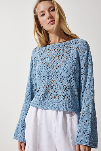 Happiness İstanbul Dámská Sky Blue Boat Neck Sezónní Crop Pletená mikina MW00144