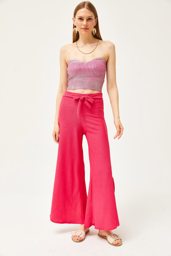 Olalook Women's Fuchsia Belted Knitted Trousers with Side Slits PNT-19000265