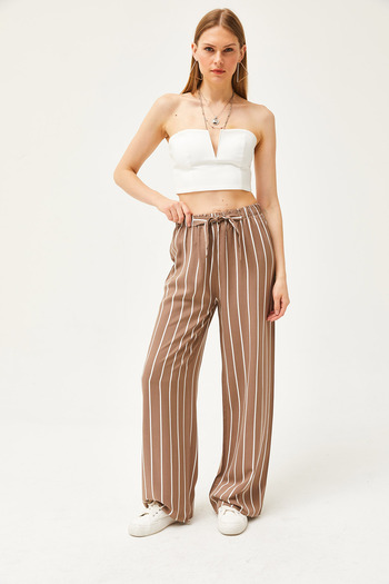 Olalook Women's Striped Mink Patterned Woven Viscose Palazzo Trousers PNT-19000264