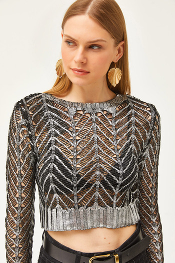 Olalook Women's Silver Openwork Metallic Knitwear Blouse BLZ-19002527