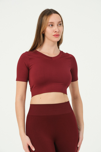 FOREVER MORE Women's V Neck Short Sleeve Seamless Stretchy T-Shirt Crop Top