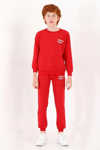 zepkids Crew Neck Long Sleeve Keep On Rıng Printed Red Color Boy's Tracksuit Set