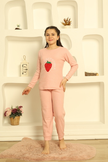 FAMES PİJAMA Girl's Strawberry Embroidered Long Sleeve Pajama Set