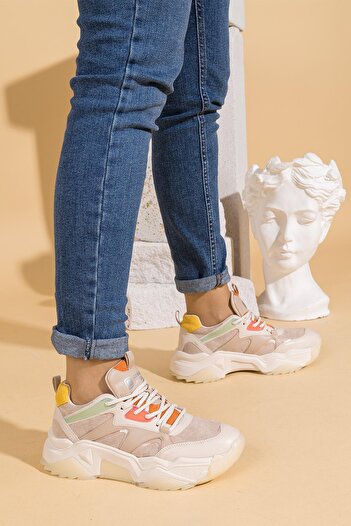 Getcho Blanca Women's Beige Multi Thick Sole Sports Shoes Mesh Surface Daily Use Stylish Comfortable Sneaker