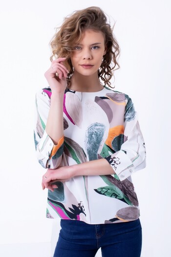 Cliche Women's Patterned Fabric Three-Quarter Sleeve Basic Blouse