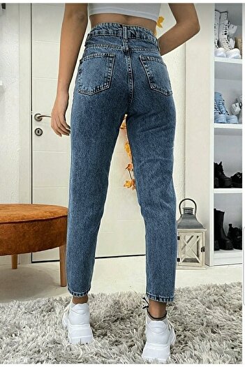 Trn JNS Mona Kar Mavi Mom Jean Kadın Boyfriend Yüksek Bel Likralı Kot Pantolon