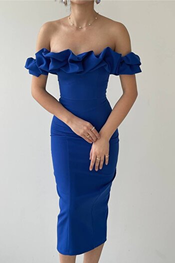 vuvutasarım Saks Blue Atlas Fabric Strapless Collar Off-Shoulder and Slit Detailed Midi Pencil Dress 219
