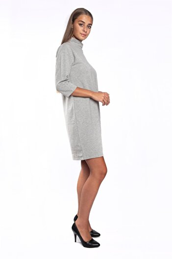 Miss Murem Stand Collar Long Sleeve Dress-grey