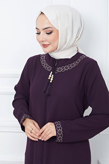 InStyle Nakışlı Model Petek Kumaş Ferace - Mürdüm