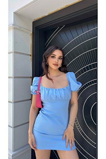 fmnbutik kadın sırt dekolteli ip bağlama detay düz yaka kısa kollu balon kol mini pinterest muadil elbise