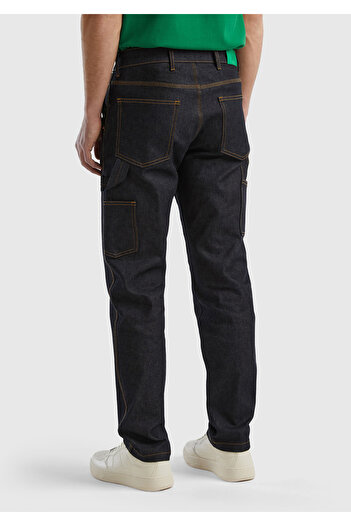 United Colors of Benetton Men's Navy Blue 7 Pocket Denim Cargo Pants with Logo Detail on the Back