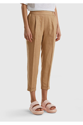 United Colors of Benetton Women's Tan 100% Linen Elastic Waist Trousers