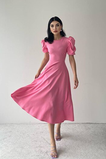 lovebox Women's Atlas Fabric Round Neck Princess Sleeve Flared Cut Midi Length Pink Evening Dress 220