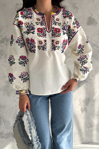 FEMELLE Women's Cross Stitch Embroidered Balloon Sleeve Cotton Blouse