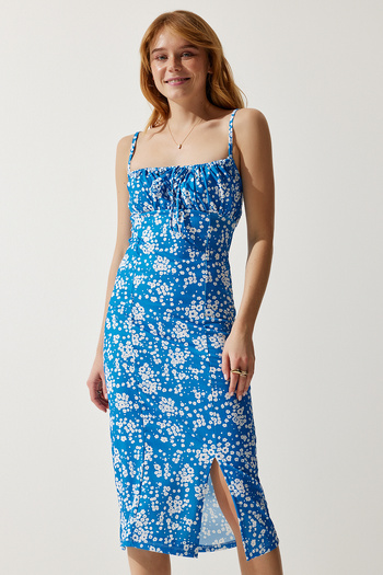 Happiness İstanbul Rochie de vară tricotată pentru femei, albastru închis, cu despicătură și motiv floral CI00029