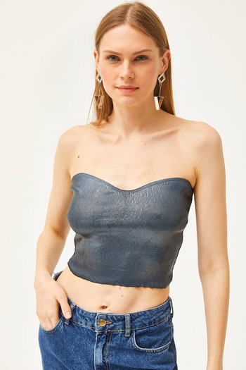 Olalook Women's Plain Smoked Kiss Collar Metallic Strapless Knitwear Blouse BLZ-19002454