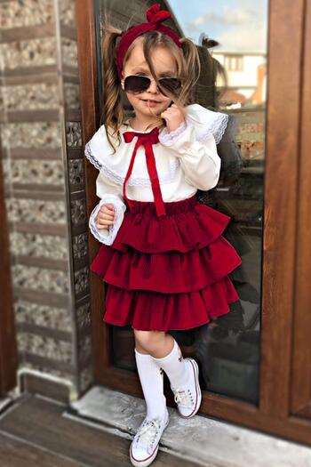 Riccotarz Girl's Flounced, Lace Embroidered, Ruffled Claret Red Skirt Suit