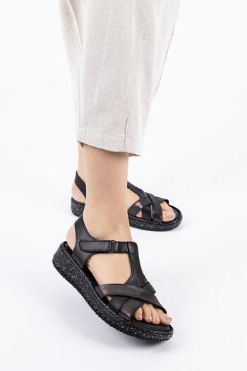 Getcho Edge Women's Genuine Leather Black Sandals – Orthopedic Sole, Velcro Ankle Strap, Daily Use