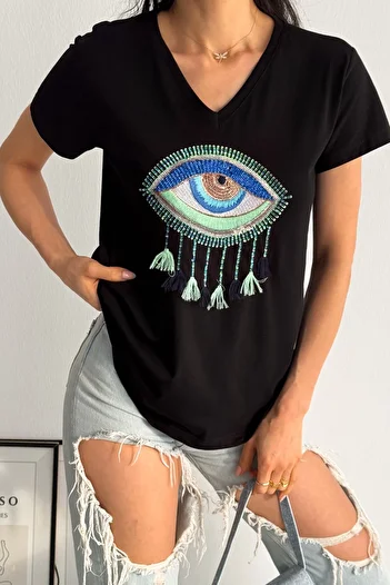 FEMELLE Women's Black V-Neck Eye Sequin Sequin Embroidered Tassel 100% Cotton T-Shirt