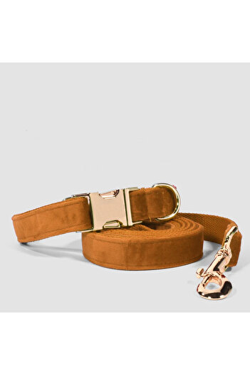 Pawsim Mustard Velvet Dog Collar and Walking Strap Set, Adjustable Dog Collar, Metal Buckle Collar