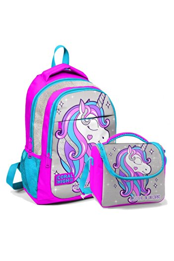 Coral High Gray Unicorn School BacKpacK and Lunchbox for Girls