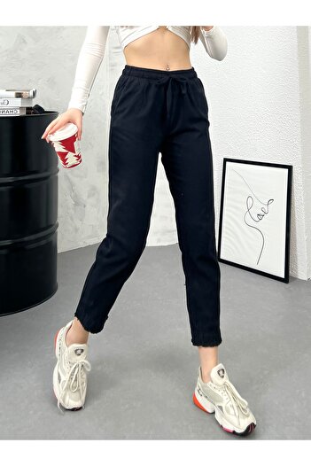 modavingo Women's Black Elastic Waist Tassel Detail Piece Painted Gabardine Trousers