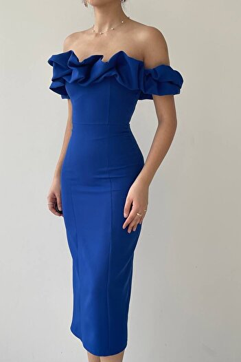 vuvutasarım Saks Blue Atlas Fabric Strapless Collar Off-Shoulder and Slit Detailed Midi Pencil Dress 219