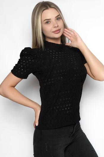Miss Murem Stand Collar Short Sleeve Perforated Blouse-black