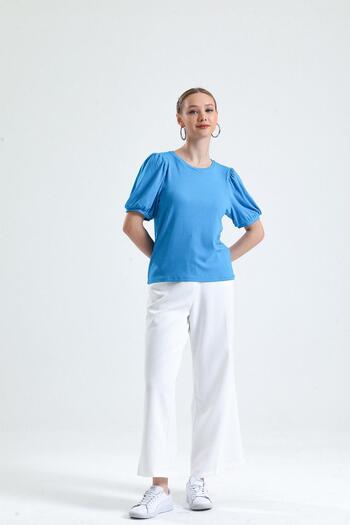 Miss Murem Watermelon Sleeve Corded Blouse-BLUE