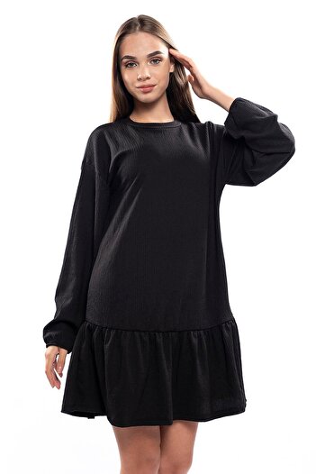 Miss Murem Sleeve Elastic Skirt Ruffle Dress-Black